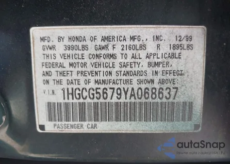 2000 Honda Accord 2.3 Se из США, поврежденный, VIN 1HGCG5679YA068637